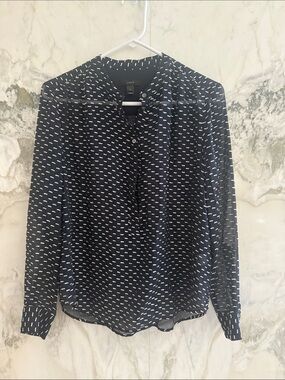J. Crew Navy and White Dot-Pattern V-Neck Blouse